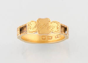 A gold mourning ring, H. Steiner, Adelaide, engraved Mother, marked 18ct,&nbsp;three panels of plaited hair deficient.&nbsp;(Reference p.127 Australian Jewellery, 19th & 20th Century, Anne Schofield, Kevin Fahy)