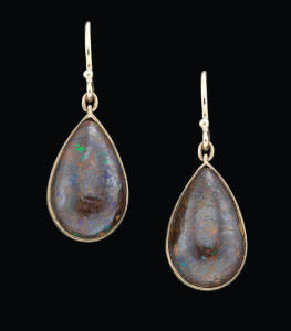 A pair of gold and opal matrix drop earrings, G.H. Palfrey, Melbourne, length of drop 1.7cm.