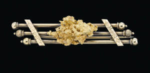 A gold nugget tripple bar brooch, George. R. Addis, Launceston, Kalgoorlie, length 6.3cm, weight 14.32 grams.