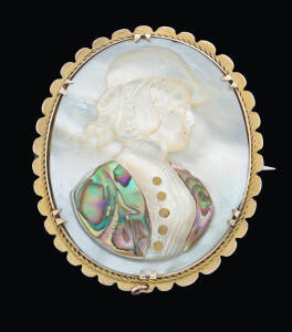 A gold and abalone shell cameo, H. Steiner, Adelaide, marked 9ct. Width 4.3 cm.