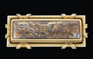 A gold quartz bar brooch, Frederick Basse, Adelaide, circa 1880, marked 15ct, length 4.5cm.