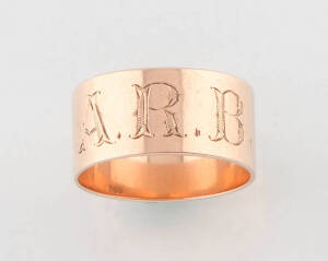 Two gold band rings, one polished band engraved A.R.B. by Willis, Melbourne, the other belt motif ring set with a greenstone by Johnson & Simonsen, Melbourne, 9ct rose gold, weight 7.24 gm.