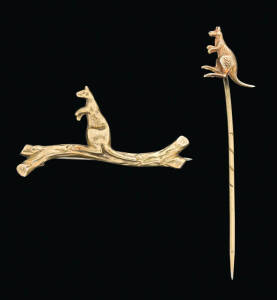 A gold Kangaroo bar brooch and Kangaroo stickpin, Willis, Melbourne, marked 9ct and 15ct respectively, weight 3.28 gm.