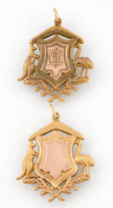 Two gold Australian Coat of Arms fobs, both by Willis, Melbourne, one an inscribed confirmation medallion, the other blank, 9ct yellow and rose gold, weight 10 grams.&nbsp;