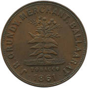 Trade Tokens: Group of 11 mid 19th century Australian shop tokens, noted "Andrews & Co Drapers, 11 Lonsdale st West" dated 1862 with kangaroo & emu; "1861 J.R.Grundy Merchant Ballaarat"; "George McGregor, City Tea Warehouse, Sydney". Inspection will rewar - 2