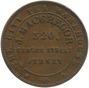 Trade Tokens: Group of 11 mid 19th century Australian shop tokens, noted "Andrews & Co Drapers, 11 Lonsdale st West" dated 1862 with kangaroo & emu; "1861 J.R.Grundy Merchant Ballaarat"; "George McGregor, City Tea Warehouse, Sydney". Inspection will rewar - 3