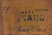 Two antique brass shop advertising signs; "VIOLIN, PIANO, Mr Hamish W. Russel. Winchfield & Hermann 397 Lonsdale St", & "ELOCUTION. Mr Hamish W.Russel". 45 x 30cm each - 2