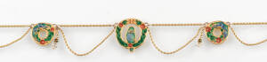 A gold and enamel Arts & Crafts necklace, the enamelled plaques depicting a parrot and lizards.