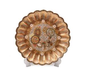 Meiji Japanese Satsuma Charger Dish, of lobed design with geometric, floral and bird designs. Signed Dai Nihon, Kinkozan Kyoto Sei. 33.5cm wide.