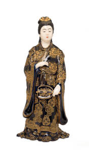 Meiji Japanese Satsuma figurine of Kannon holding a fan, early 20th century, covered in floral and geometric inspired gilt patterning. Detail closely resembles the works of the Kinkozan studios. 36cm.