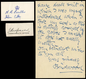 GENERAL WILLIAM BIRDWOOD (1865-1951, Commander of ANZAC troops during the Gallipoli campaign), signature on 2-page handwritten letter; also 1916 letter from Sir Robert Henry Muirhead Collins; piece signed by Sir Roden & Lady Cutler; plus another unidentif