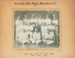 TEAM PHOTOGRAPHS: "Eight Oar Championship of Australia, won by Victoria, Rowed at Sydney, May 13 1905"; plus "New South Wales Railway Boilermakers C.C. 1914" including William McKell (later Premier of NSW & Governor General). Both framed. Fair/Good condit