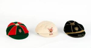ROWING/SCHOOL CAPS, noted cream cap with embroidered crest with crossed oars & "1924"; black/gold cap with crest, motto "Omnia Vinces Perseverando" (perseverance conquers all) & '1940-41"; another red & green cap with badge affixed to front. Poor/Good con