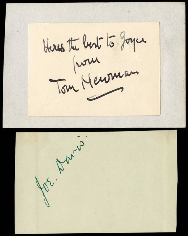 BILLIARDS AUTOGRAPHS, noted Tom Newman (World Billiards Champion 1921-22 & 1924-27); Melbourne Inman, Joe Davis (World Snooker Chamion 1927-40 & 1946); Horace Lindrum, Jack Rea, John Pulman, Walter Donaldson & Fred Davis.