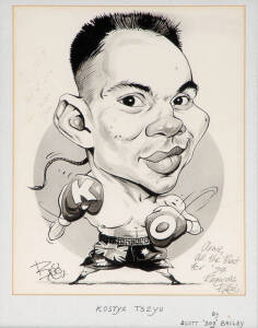 SCOTT 'BOO' BAILEY (Daily Telegraph cartoonist): Three original caricatures - Muhammad Ali's 50th Birthday, Kostya Tszyu & Julio Cesar Chavez, each signed at base, window mounted, framed & glazed, each about 30x36cm.