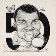 SCOTT 'BOO' BAILEY (Daily Telegraph cartoonist): Three original caricatures - Muhammad Ali's 50th Birthday, Kostya Tszyu & Julio Cesar Chavez, each signed at base, window mounted, framed & glazed, each about 30x36cm. - 3