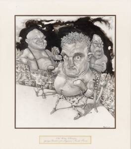 DAVID ROWE (Australian Financial Review cartoonist): "Old Time Champs - George Foreman, Joe Bugner, Frank Bruno", original cartoon in ink, graphite & crayon, signed lower right, window mounted, framed & glazed, overall 47x53cm. Also CHRIS EUBANK, display 