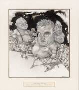 DAVID ROWE (Australian Financial Review cartoonist): "Old Time Champs - George Foreman, Joe Bugner, Frank Bruno", original cartoon in ink, graphite & crayon, signed lower right, window mounted, framed & glazed, overall 47x53cm. Also CHRIS EUBANK, display