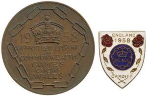 1958 BRITISH COMMONWEALTH GAMES IN CARDIFF, Participation Medal "1958 VI.British Empire and Commonwealth Games, Cardiff, Wales", 55mm diameter; plus England team lapel badge. Ex Francis Joseph Coyne MBE. 