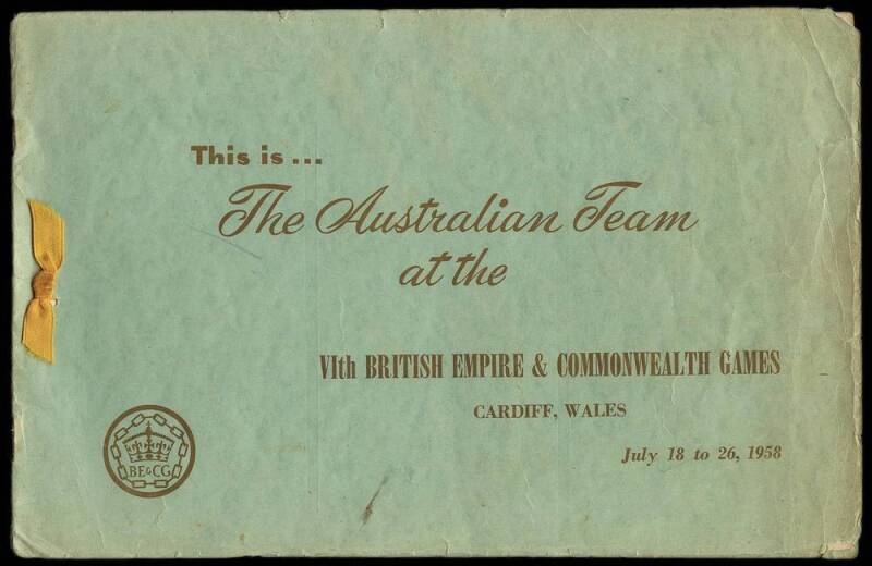 1958 BRITISH COMMONWEALTH GAMES IN CARDIFF: Booklet "This is The Australian Team at the 1958 VI.British Empire & Commonwealth Games, Cardiff, Wales, July 18 to 26, 1958", with 16 signatures including Dawn Fraser, John Konrads & Lorraine Crapp. Fair/Good c