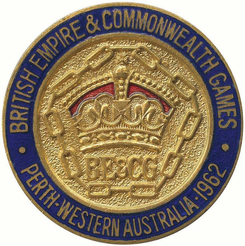 1962 COMMONWEALTH GAMES IN PERTH, Official Badge for Games Official, enamelled with "British Empire & Commonwealth Games/ Perth, Western Australia, 1962", missing ribbon. Ex Francis Coyne MBE, British Official.