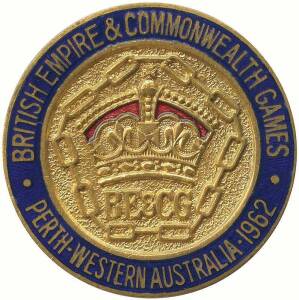 1962 COMMONWEALTH GAMES IN PERTH, Official Badge for Games Official, enamelled with "British Empire & Commonwealth Games/ Perth, Western Australia, 1962", missing ribbon. Ex Francis Coyne MBE, British Official.