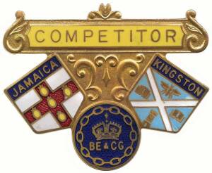 1966 COMMONWEALTH GAMES IN JAMAICA, Official Badge for Games Competitor, enamelled with "COMPETITOR/Jamaica/Kingston/ BE & CG". Also blazer badge "Jamaica/ VIII Commonwealth Games/ Kingston 1966". Scarce. Ex Francis Joseph Coyne MBE.