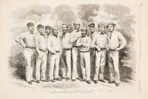 1859 engraving from 'Harper's Weekly' titled "The English Cricketers - The Eleven of All-England"; plus page from 'The Boys Own Paper' showing 1907 South African Cricket Team.