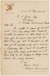 CHARLES BANNERMAN, signed letter dated 22nd November 1921 on City Tattersalls Club, Sydney letterhead regarding the F.Iredale Testimonial match. [Australian Test Player No.1, and Australia's first Test centurion, scoring 165 out of a team total of only 24