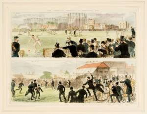 1880 2nd AUSTRALIAN TEAM TO ENGLAND: Original newspaper engraving from 'The Illustrated London News', titled "The Australian Cricketers at Kennington Oval", hand-coloured, window mounted, overall 68x55cm. Scarce. Fine condition.