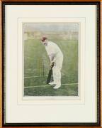 CRICKET DISPLAYS: 1884 lithograph "Our Cricketing Guests"; hand-coloured picture of Lord Hawke; J.B.Hobbs - 1930 signed letter window mounted with picture. All framed, various sizes. - 3