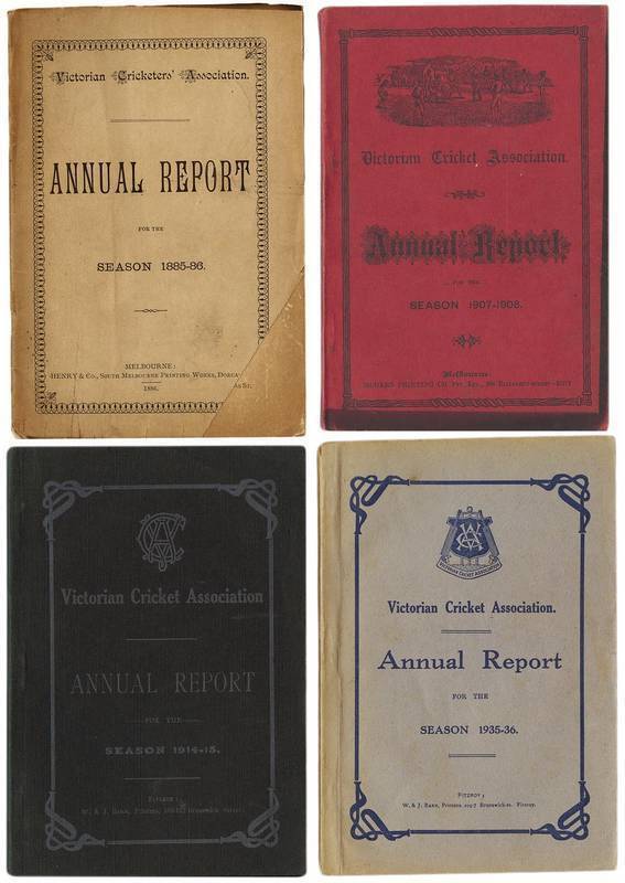 VICTORIAN CRICKET ASSOCIATION: Annual Reports (61 issues, 1885-2009) including 1885-86, 1893-94, 1907-08, 1910-11 & 1913-14. Some duplication, Fair/Good condition.