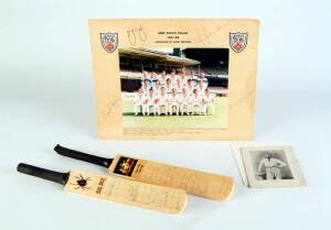 BALANCE OF COLLECTION, noted c1905 colour prints of Monty Noble & J.J.Kelly; 1905-53 Australian team postcards (7);&nbsp;Real Photogravure Portrait postcards "Australian & English Cricketers 1936-37" [17/20 + 7 spares] one signed by Bill Brown; signed mini-bat