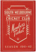 SOUTH MELBOURNE CRICKET CLUB: Wonderful collection with membership badges (18) from 1921 to 1968 including 1921-22, 1922-23 & 1923-24; Members Season Tickets (3) for 1941-42, 1942-43 & 1943-44; duplicated range of Lady's Tickets (28) from 1939-40 to 1966- - 2