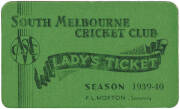 SOUTH MELBOURNE CRICKET CLUB: Wonderful collection with membership badges (18) from 1921 to 1968 including 1921-22, 1922-23 & 1923-24; Members Season Tickets (3) for 1941-42, 1942-43 & 1943-44; duplicated range of Lady's Tickets (28) from 1939-40 to 1966- - 3