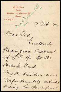 MONTY NOBLE, 1922 signed letter on "M.A.Noble, Dentist" letterhead making donation to Frank Iredale Testimonial Fund.  [Noble played 42 Tests 1897-1909 including 15 as Australian captain].