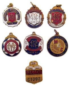 MELBOURNE CRICKET CLUB: Collection of membership badges from 1928-29, 1936-37, 1936-37 Country, 1938-39, 1939-40, 1941-42 & 1963-64.