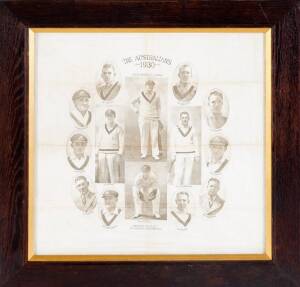 1930 Linen Handkerchief, headed "The Australians 1930", with images of the Australian players, with wording "Copyright Photos by A.Wilkes & Son West-Bromwich", framed & glazed with period oak timber frame, overall 51x51cm.