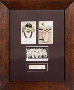 DON BRADMAN, display with signature on piece, window mounted with 3 postcards - "Records Broken or Equalled by Don Bradman", "Australia Test Team - D.J.(Don) Bradman" & "The Australian Test Team, 1930", framed & glazed with period oak timber frame, overal