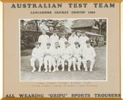 1930 AUSTRALIAN TEAM, team photograph, with title "Australian Test Team, Lamcashire Cricket Ground 1930, All Wearing 'Gripu' Sports Trousers", and players names printed on mount, framed & glazed with period oak timber frame, overall 53x46cm. Superb advert - 2