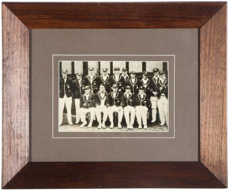 1930 AUSTRALIAN TEAM, team photograph, window mounted, framed & glazed with period oak timber frame, overall 58x48cm.