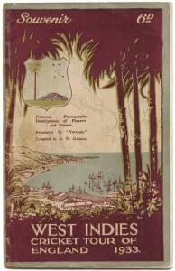 "West Indies Cricket Tour of England 1933" [Nottingham, 1933], with signatures of 12 West Indians inside including G.C.Grant (captain), George Headley & V.A.Valentine. Fair condition (two pages missing & some tape stains).