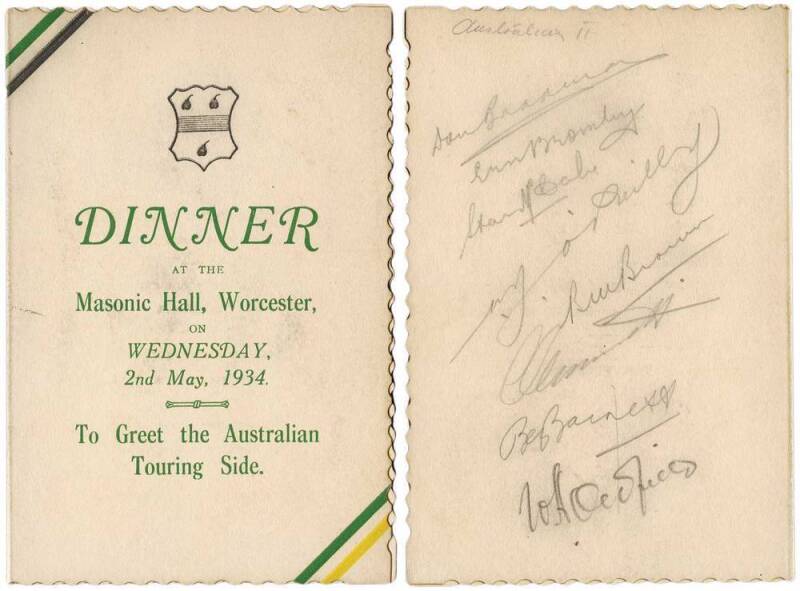 1934 AUSTRALIAN TOUR TO ENGLAND: Menu by Worcestershire C.C. "Dinner at the Masonic Hall, Worcester, on Wednesday 2nd May, 1934. To Greet the Australian Touring Side", with 8 pencil signatures on reverse including Don Bradman, Bill O'Reilly, Bill Brown, C