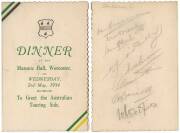 1934 AUSTRALIAN TOUR TO ENGLAND: Menu by Worcestershire C.C. "Dinner at the Masonic Hall, Worcester, on Wednesday 2nd May, 1934. To Greet the Australian Touring Side", with 8 pencil signatures on reverse including Don Bradman, Bill O'Reilly, Bill Brown, C