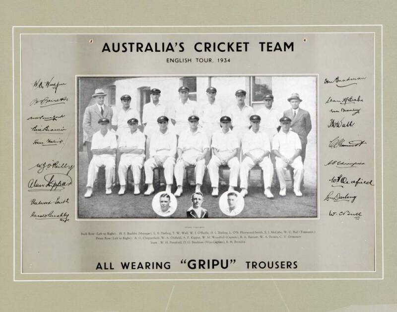 1934 AUSTRALIAN TEAM, team photograph, with title "Australia's Cricket Team, English Tour 1934, All Wearing 'Gripu' Trousers", and players names & facsimile autographs printed on mount, framed & glazed with period oak timber frame, overall 63x53cm. Superb