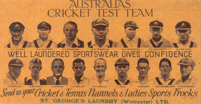 1934 AUSTRALIAN TEAM, original advertising poster, with title "Australia's Cricket Test Team. Well Laundered Sportswear Gives Confidence. Send us your Cricket & Tennis Flannels & Ladies Sports Frocks. St.Georges Laundry (Worcester) Ltd", window mounted, f