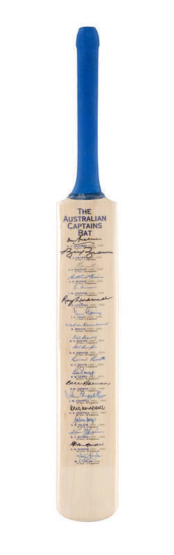 THE AUSTRALIAN CAPTAINS BAT, with signatures of 18 captains, comprising Don Bradman, Bill Brown, Arthur Morris, Ian Johnson, Ray Lindwall, Ian Craig, Richie Benaud, Neil Harvey, Bob Simpson, Brian Booth, Bill Lawry, Barry Jarman, Ian Chappell, Greg Chappe