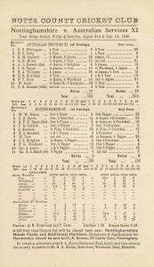 1944-45 wartime scorecards for Nottinghamshire C.C. including two matches v Australian Services XI. Superb condition.