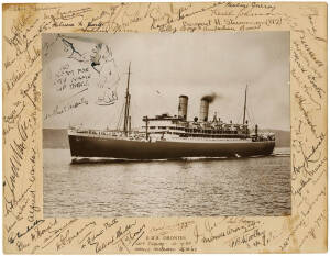 1948 AUSTRALIAN TOUR TO ENGLAND: Photograph of RMS "Orontes", with 49 signatures on mount, including Don & Jessie Bradman, the 1948 Australian Cricket Team - Lindsay Hassett, Bill Brown, Arthur Morris & Ray Lindwall (only Sid Barnes missing - he hated sig
