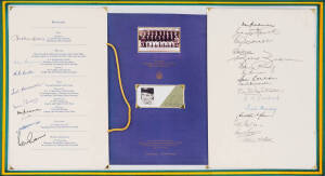 "The 1948 Australian Cricket Team Reunion Dinner" menu at the Sydney Hilton in 1979, signed by 16 team members & 8 VIP guests, noted Don Bradman (twice), Lindsay Hassett, Ray Lindwall & Sir Roden Cutler VC. Also mounted with piece signed by Sid Barnes.